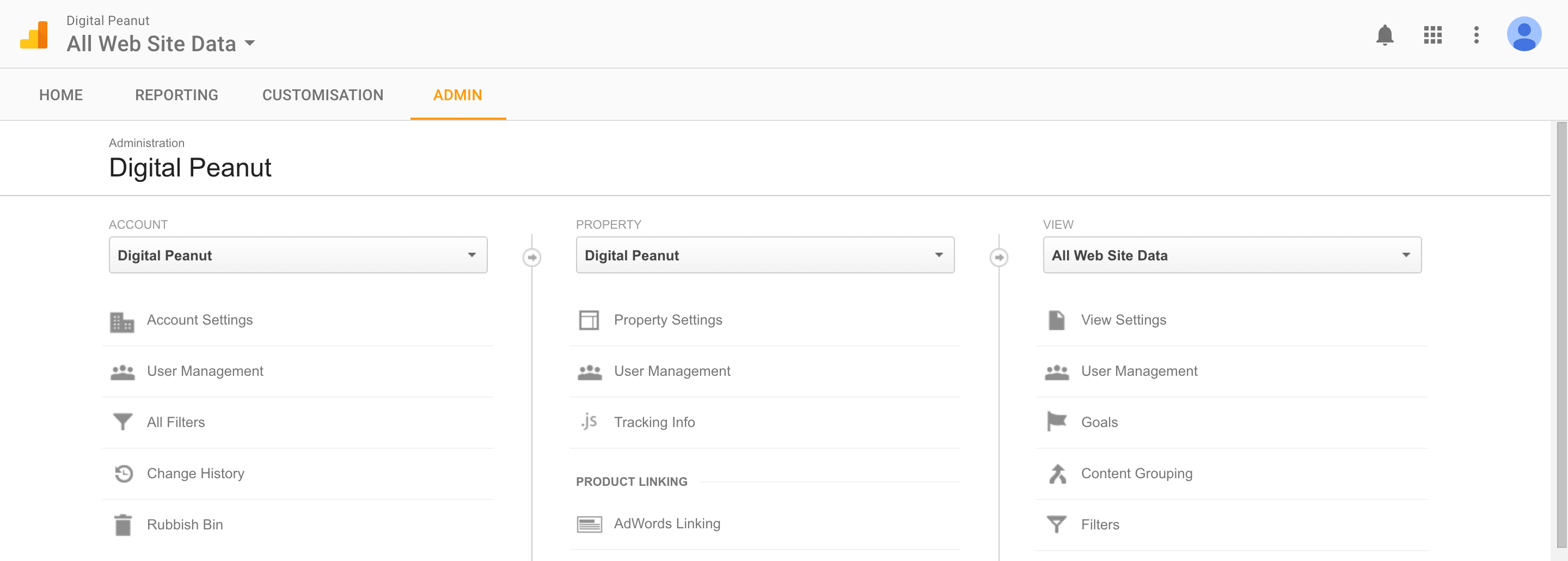 google analytics admin screen